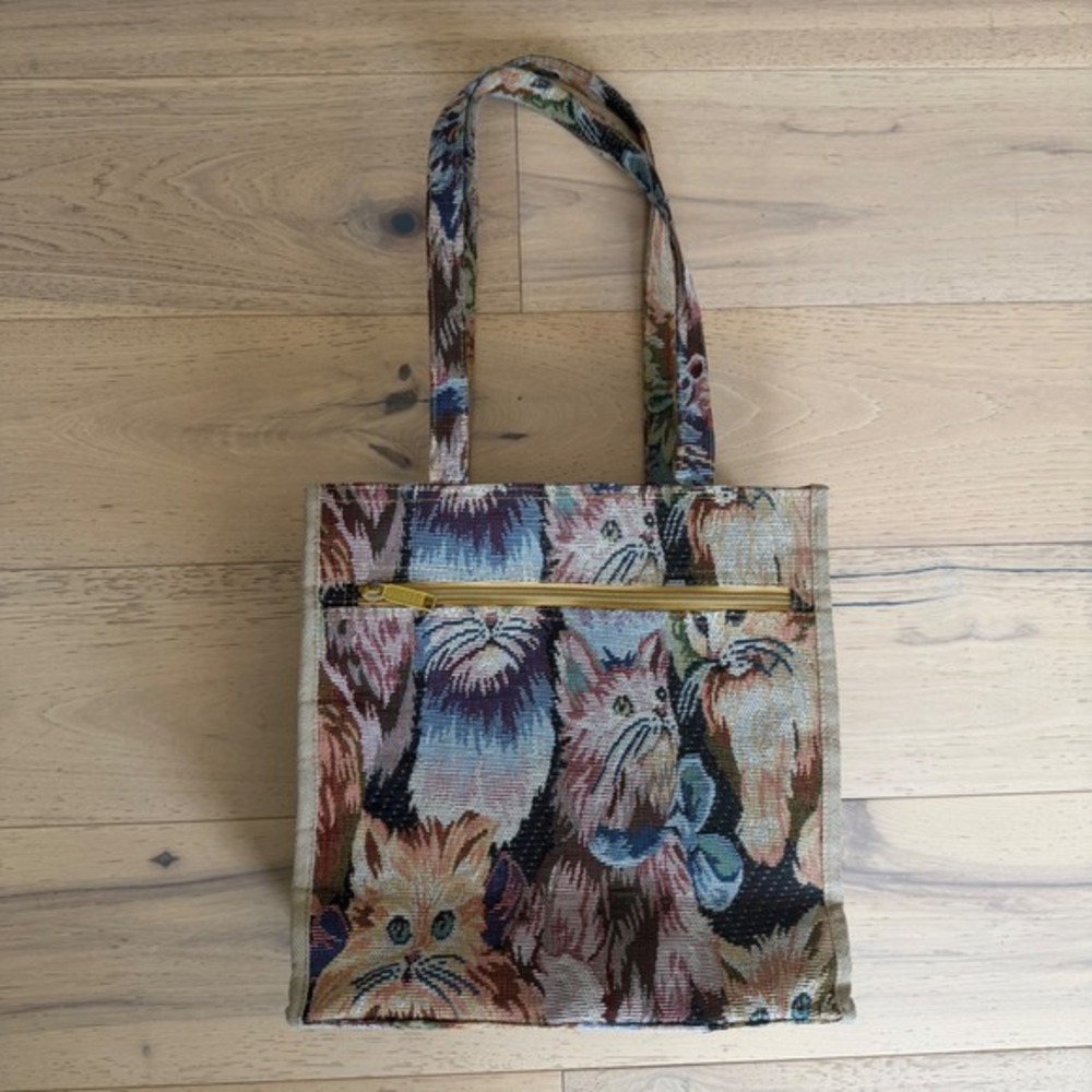Vintage Cat Kitten Tapestry Tote‎ Bag Woven Purse with Matching Coin Pouch
